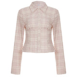 Pbong  Korean Fashion Pink Plaid Slimming Blouse Women Turn-Down Collar Long Sleeve Buttons Shirts Casual Woven Top Fashion New