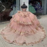 Pbong  Customized Pink Beaded Crysta Princess Quinceanera Dress Lace Appliqued Shiny Luxury Women Pageant Dress Vestidos De 15 Años