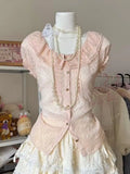 Japanese Lolita Kawaii 2000s 2 Piece Skirt Sets Sweet Lace Short Sleeve Blouse + Slim Cake Mini Skirt Y2k Harajuku Vintage Suits