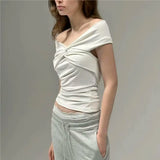 Pbong  Korean fashion black crop tops women Summer short sleeve tees twist t shirt for women pink top front tie criss cross