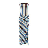 Pbong  Striped Strapless Maxi Dress Ruched Waist Slit Hem Bodycon Dress Summer Beach Party Stylish Date Chic Women Vestido
