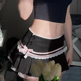American Sweet Constrast Color Pleated Skirts Y2k Aesthetic Harajuku Punk Side Buttons Short Skirt Vintage Striped Girl Bottom