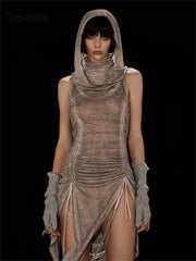 Sexy Vintage Mini Dress Off Shoulder Sleeveless Hooded Draw String Ruched  High Split Khaki Summer Slim Vestido