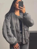 Grey Stand Collar Zipper Women Bomber Cotton Coat Lantern Sleeve Oversized Loose Pocket Jacket Autumn Winter Chic Outwears