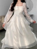 Women Elegant Solid Ruffles Fairy Dresses Korean Fashion Slim Wasit A Line Midi Dress Autumn Princess Party Vestidos New