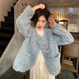 Women Sweet Cute Faux Lamb Coat Winter Warm Thick Slim Long Sleeve Vintage Jacket Korean O Neck Elegant Pearls Buttons Tops New