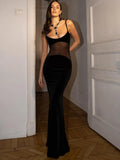 See Through Mesh Sexy Maxi Dress For Women Black Spaghetti Strap Sleeveless Bodycon Club Party Long Dress Elegant
