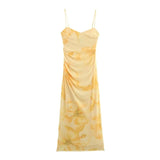 Flower Print Yellow Fashion Long Dress 2025 New Sleeveless V-neck Tulle Slim Sexy Party Dress Vacation Beach Woman Clothing