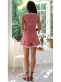 Lace Patchwork Plaid Chic Playsuit 2025 Summer New Round Neck Elastic Waist One Piece Shorts Sleeveless Casual Women Romper