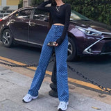 Pbong  Retro Hong Kong Sle High Waist Loose Straight Print Denim Pants Trendy Wide Leg Long Trousers for Women Cotton OL Commute