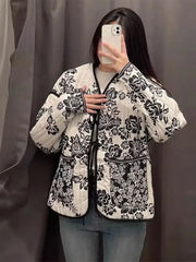Vintage Floral Print Quilted Reversible Women Cotton Coat Long Sleeve Lace Up V-neck Pocket Jacket Fall Winter Chic Outwear
