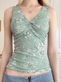 Sweetown Retro Green Floral Print Mesh Vest Sleeveless Twist V Neck Slim Crop Top For Women Summer Vacation Boho Outfits