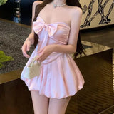 Pink Satin Strapless Knitted Dress Birthday Girl's Gown Floral Skirt Sexy Style Mid Waist Short Length No Sleeve Vintage Art