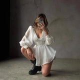 Pbong  New Women's Long Sve V-Ne A-Line Dr Casual Pure Color Waist-Cinching Design ort Skirt Polyester Fabric Wedding Dr