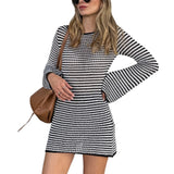 Pbong  Women Bodycon Knitted Dress Striped Round Neck Long Sleeve Casual Fall Short Dress