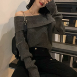 Women Off Shoulder Sweater Long Sleeve Off-the-Shoulder Knitted Tops Rib-knit Jumper Pullover Female Casual Outfit Fall Winter