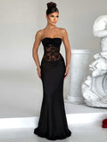 Lace See Through Strapless Sexy Maxi Dress Women Black Off-shoulder Backless Sleeveless Bodycon High Waist Long Dress