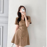 Pbong  Sweet Short Dress Women's Summer New Style High Waist Slim Fit V-neck Korean Version Commute A-line Skirt Bubble Sleeve