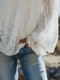 Summer Women Blouse Off Shoulder Lace Lantern Blouses Square Neck Solid Color Top Ruffle Trim White Lace Long Sleeve Top