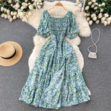 Pbong  Women Fashion Printed Elastic Waist Split A-line Long Dress Vintage Puff Sleeve Chic Lady Dress Summer Beach Outfits