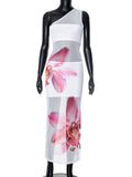 Slanted Shoulder Print Strapless Dress For Women Mesh Splice Sleeveless Sexy See Through Long Dress Elegant Slim Vacation