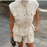 Pbong  Linen Blend Stand Collar Sleeveless Pocket Vest Cinched Waist Sleeveless Summer Women Outerwear Minimal Chic Lady Chaleco