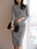 Autumn Women V Neck 3/4 Sleeve Bodycorn Dress Fashion Casual Solid Knee-length Vestido Robe Femme Elegant Work Sundress