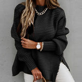 Chunky Knitted Mock Neck Sweater Side Slit Long Sleeve Pullover Female Knitwear Autumn Winter Women Casual Chic Outfit