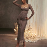 2025 New Lace Patchwork Sexy Streetwear Long Dress V-neck Tight Slit Party Dress Spring Summer Off Shoulder Fashion Vestidos