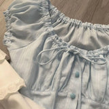 Sweet Fresh French Puff Short-sleeved Ruffled Shirts Women's Summer High-end Waist Slimming Temperament Single Breasted Blouse