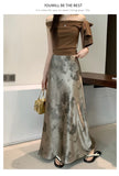 Retro Tie Dye Satin Long Skirts Women Elegant Korean Vintage Slim Trumpet Skirt Casual Summer Sweet Comfortable Long Skirt