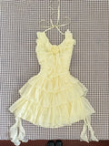 Pbong  Slim Sweet Ruffles Dress Women Fashion 3D Floral Casual Elegant Mini Dress Summer Sexy Sleeveless Lady Yellow Cake Vestidos