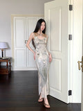 Hollow Out Vintage Bodycon Long Dress For Woman Summer 2025 Sleeveless Tunics Modest Evening Party Ladies Midi Dress