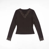 Pbong  New Winter Women's V-neck Lace Trim Splice Waist-cinching Belly-baring Trendy Street Style Long Sleeve Polyester T-shirt