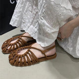Pbong  Women's Hollow-Out Brown Closed-Toe Sandals, New Summer Bohemian Soft-Soled Beach Shoes, Fashionable Roman Sandals