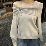 Korean Style Coquette Knitwear Pullovers Women Sweet Slash Neck Long Sleeve Sweaters Autumn Winter 2000s Grey Jumper