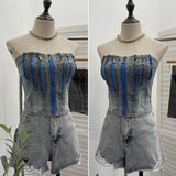 Pbong  Vintage Denim Strapless Vest 2025 Women's Clothing Y2k Tunic Crop Tank Top Backless Fashion Zipper Tank