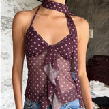 Vintage Summer American Halter Spliced Fungus Edge Tank Tops Y2k Thin Euramerican Casual Tops Harajuku High Street Camisole
