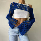 Pbong  New Harajuku Grunge Solid Slash Neck Women Crop Pullovers Y2k Aesthetic Knitted Sexy Sweaters Streetwear Hollow Out Autumn Tops