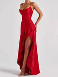 Satin Spaghetti Strap Ruffled Sexy Maxi Dress For Women Gown Red Off-shoulder Sleeveless Backless High Split Long Dress