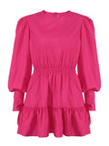 Sleeve High Waist A-Line Pleated Women'S Dress Casual O Neck Pink Mini Dresses Autumn Sexy Long Sleeve Robe