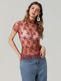 Women Lace Tops Short Sleeve Crew Neck See-through Sheer T-shirt Summer Casual Tee Shirts Clubwear