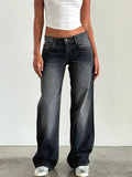 Straight-leg High Waist Jeans Women  New Leg Pockets Pants Y2k Long Denim Trousers Vintage Grey Washed Jeans