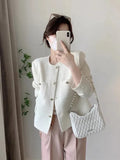White Elegant Tweed Jacket Women Slim Long Sleeve O Neck Chic Sweet Short Coat Fall Winter French Female Fashion New Tops