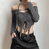 Pbong  Gray Mystic Sexy Lace Cutout Retro Mature Charm Feminine Party Queen Senior Women's Long Sleeve Tuxedo Top