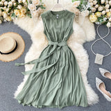 Pbong  Korean Fashion Women Dress Summer Casual Solid Sleeveless Sash Bandage Black Dress Vintage Elegant Lady Vestidos