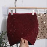 Pbong  New Autumn Winter Women Sequins Mini Skirts Waist Back Zipper Solid Color Above Knee Non Stretch Slim A Line Bling Skirt