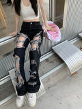 Pbong  Hip Hop Hole Jeans Women Y2K Streetwear Harajuku Hollow Out Denim Pant American Retro High Waist Female Straight Trousers