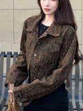 Y2K Cropped Leopard Denim Jacket Women Vintage Streetwear Long Sleeve Slim Short Coat American Harajuku Female Hip Hop Tops