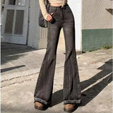 Woman High Waist Vintage Casual Flare Jeans Girls Elastic Slim Fit Bell Bottom Pants Lady Fashion Blue Black Grey Denim Trousers